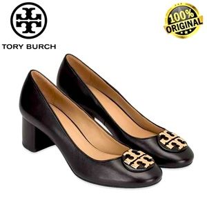 NIB Tory Burch Janey 50MM Pump Black Calf Leather Gold Logo Block Heel Shoes